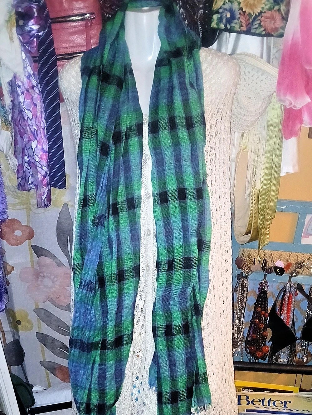 Plaid Scarf in Lime Green, Purple, Black & Blue